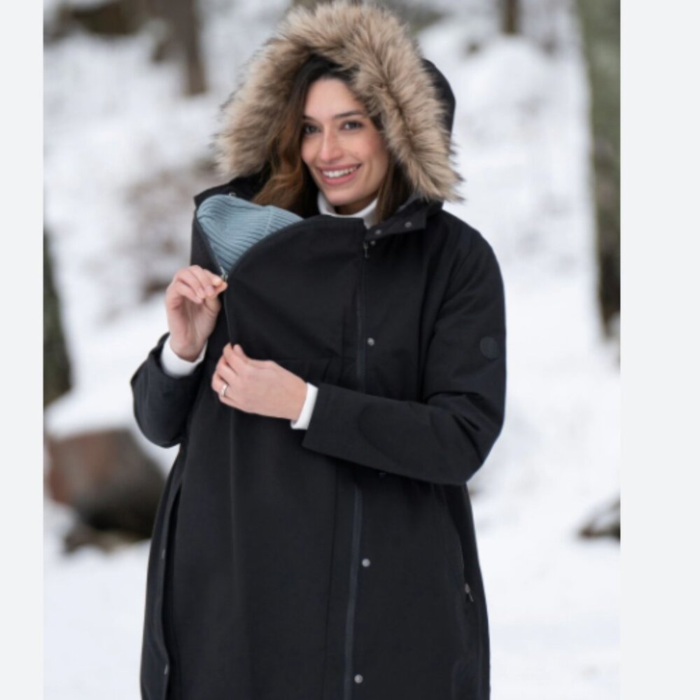 Seraphine Maternity Winter Coat 4 Black Fur Trim Hood